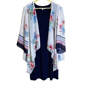 Studio One Navy Blue Dress with Floral Kimono Overlay Women's‎ Size Large